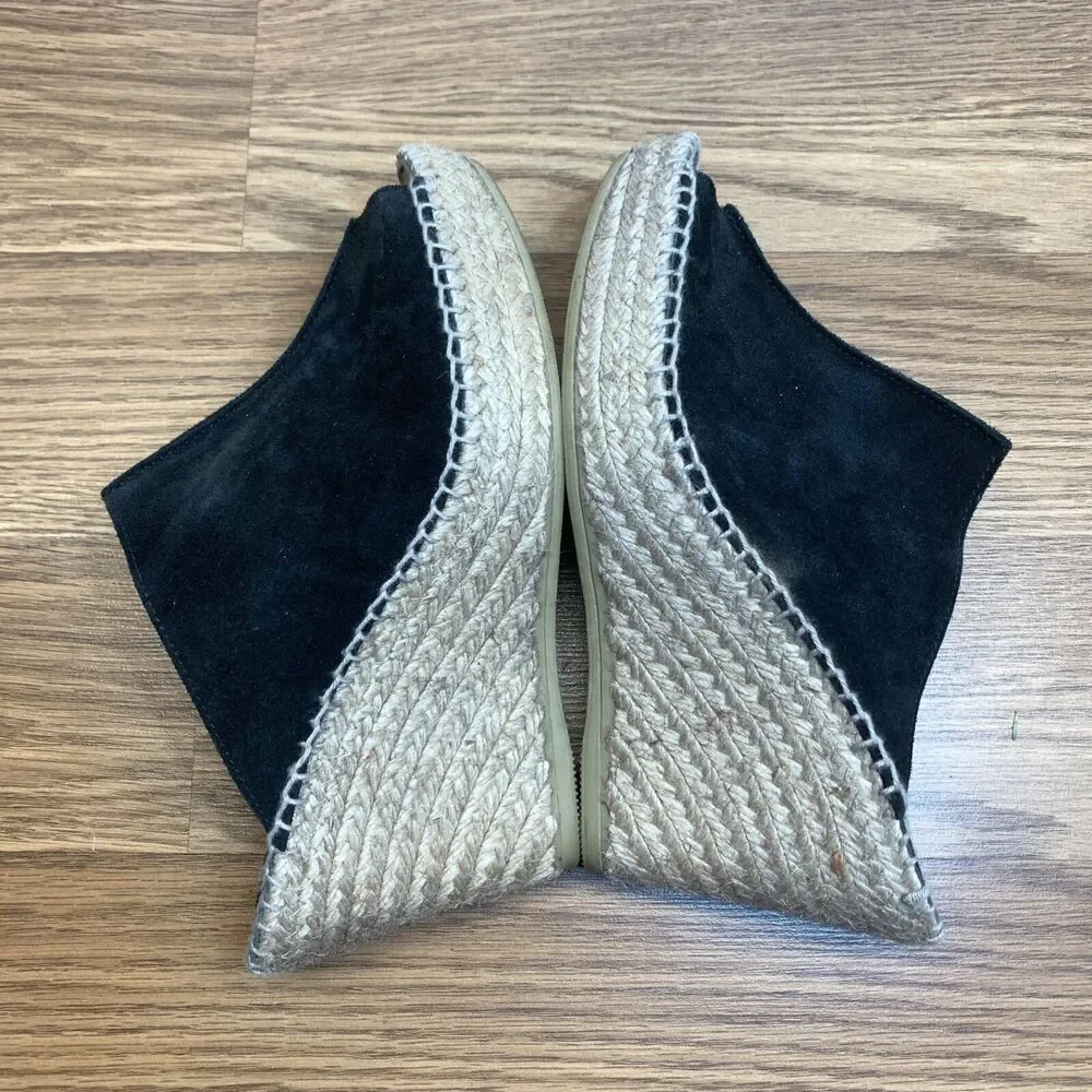 andre assous espadrilles Black Suede Peep Toe Wedge Slip On Shoes Size 8‎